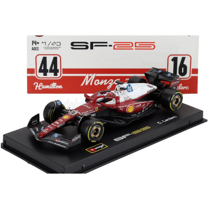 BURAGO FERRARI F1 SF-25 TEAM SCUDERIA FERRARI HP N 16 MONZA ITALY GP 2025 CHARLES LECLERC - NIKI LAUDA 50th ANNIVERSARY WORLD