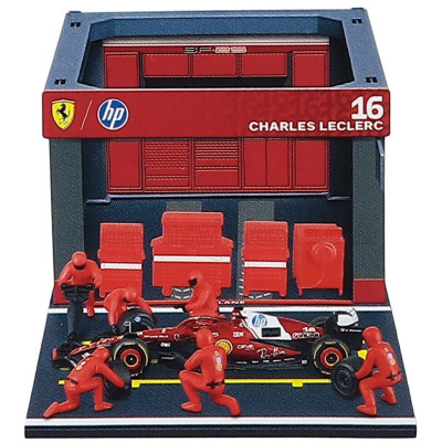 BURAGO FERRARI F1 SF-25 DIORAMA GARAGE PIT-STOP TEAM SCUDERIA FERRARI N 16 SEASON 2025 CHARLES LECLERC WITH CREW FIGURE AND