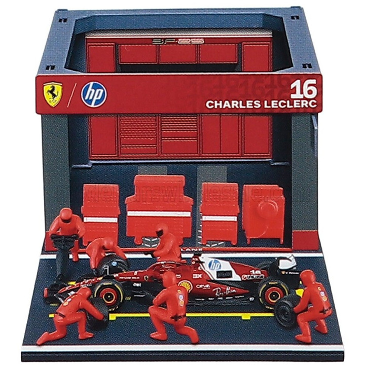 BURAGO FERRARI F1 SF-25 DIORAMA GARAGE PIT-STOP TEAM SCUDERIA FERRARI N 16 SEASON 2025 CHARLES LECLERC WITH CREW FIGURE AND
