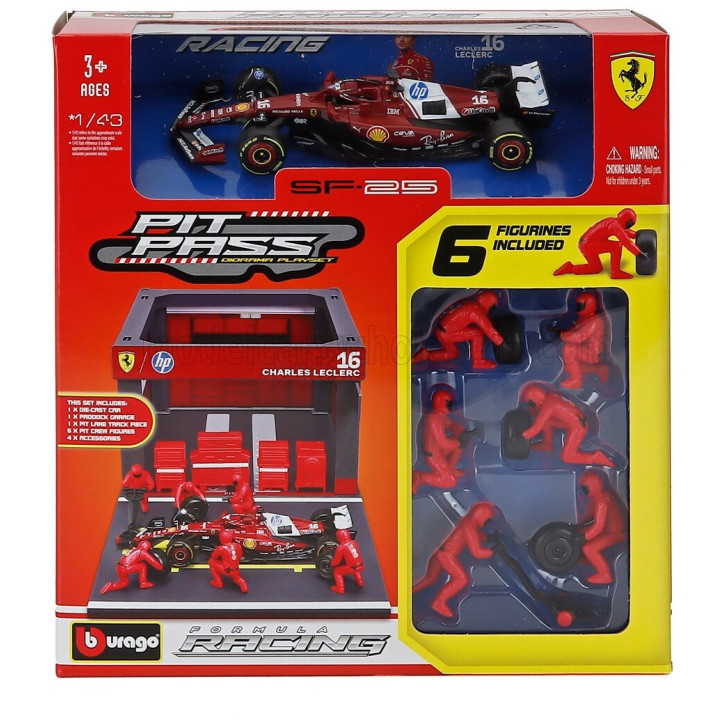 BURAGO FERRARI F1 SF-25 DIORAMA GARAGE PIT-STOP TEAM SCUDERIA FERRARI N 16 SEASON 2025 CHARLES LECLERC WITH CREW FIGURE AND