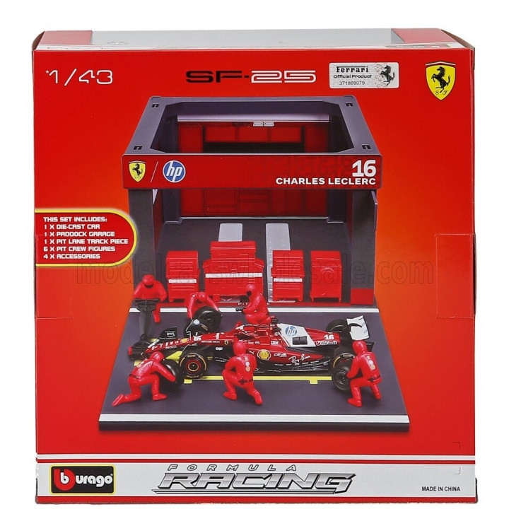 BURAGO FERRARI F1 SF-25 DIORAMA GARAGE PIT-STOP TEAM SCUDERIA FERRARI N 16 SEASON 2025 CHARLES LECLERC WITH CREW FIGURE AND