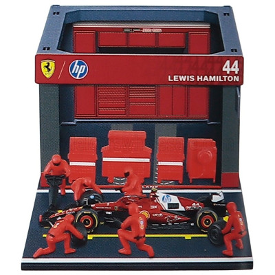 BURAGO FERRARI F1 SF-25 DIORAMA GARAGE PIT-STOP TEAM SCUDERIA FERRARI N 44 SEASON 2025 LEWIS HAMILTON WITH CREW FIGURE AND