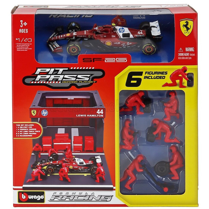 BURAGO FERRARI F1 SF-25 DIORAMA GARAGE PIT-STOP TEAM SCUDERIA FERRARI N 44 SEASON 2025 LEWIS HAMILTON WITH CREW FIGURE AND