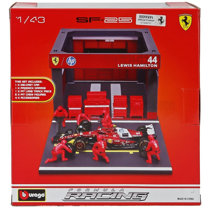 BURAGO FERRARI F1 SF-25 DIORAMA GARAGE PIT-STOP TEAM SCUDERIA FERRARI N 44 SEASON 2025 LEWIS HAMILTON WITH CREW FIGURE AND