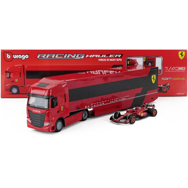 BURAGO IVECO FIAT SET TRUCK S-WAY 570 TRUCK CAR TRANSPORTER TEAM SCUDERIA FERRARI WITH F1 SF-24 N 16 SEASON 2024 CHARLES