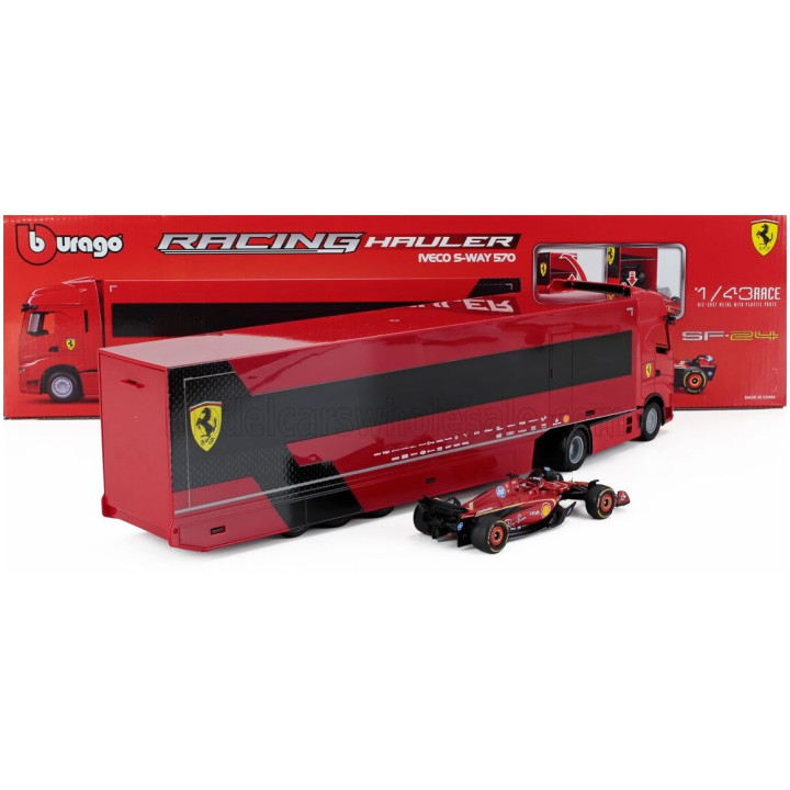BURAGO IVECO FIAT SET TRUCK S-WAY 570 TRUCK CAR TRANSPORTER TEAM SCUDERIA FERRARI WITH F1 SF-24 N 16 SEASON 2024 CHARLES