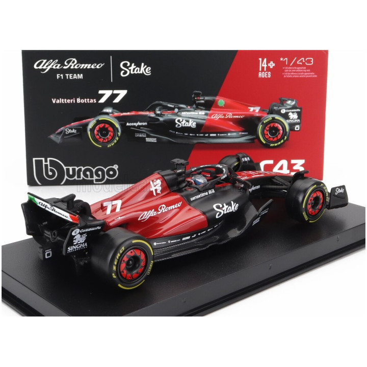 BURAGO ALFA ROMEO F1 C43 TEAM STAKE N 77 SEASON 2023 VALTTERI BOTTAS - CON PILOTA E VETRINA - WITH PILOT AND SHOWCASE
