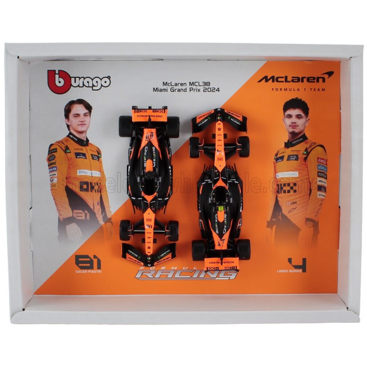 BURAGO McLAREN SET F1 2X MCL38 TEAM MCLAREN N 4 WINNER MIAMI GP 2024 FIRST F1 VICTORY LANDO NORRIS + N 81 OSCAR PIASTRI