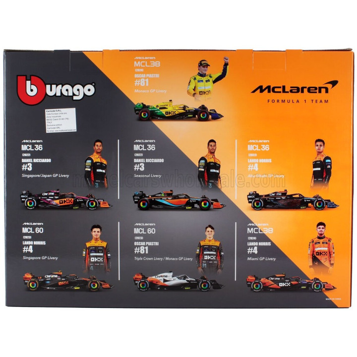 BURAGO McLAREN SET F1 7X F1 MCL36 TEAM MCLAREN N 4 2022 + 2X N 3 DANIEL RICCIARDO - MCL60 N 4 2023 LANDO NORRIS + N 81 OSCAR