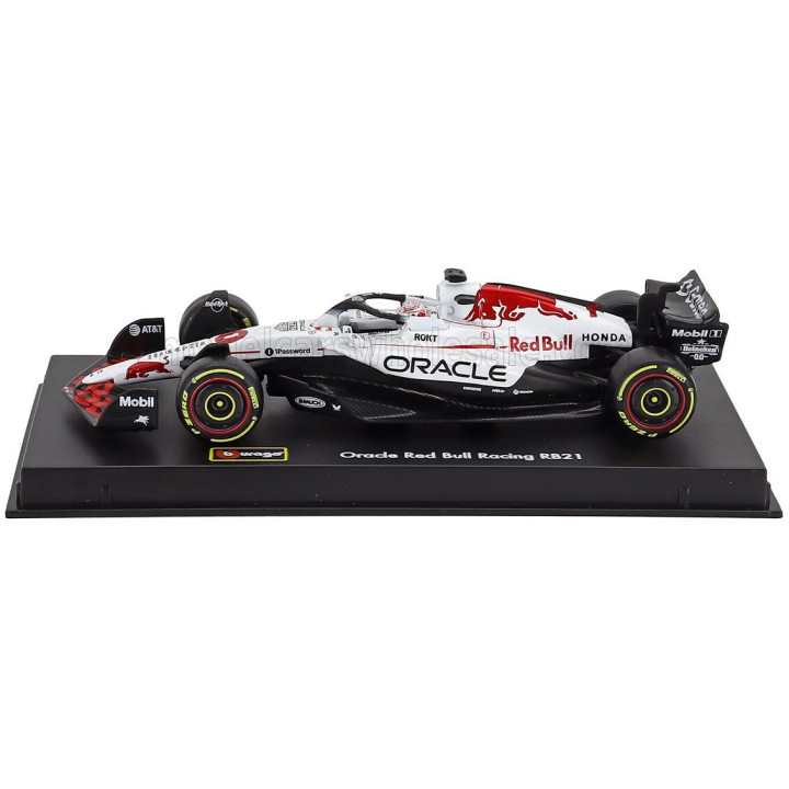 BURAGO RED BULL F1 RB21 TEAM ORACLE RED BULL RACING N 1 WINNER JAPAN GP 2025 MAX VERSTAPPEN - WITH PILOT AND SHOWCASE - WHITE