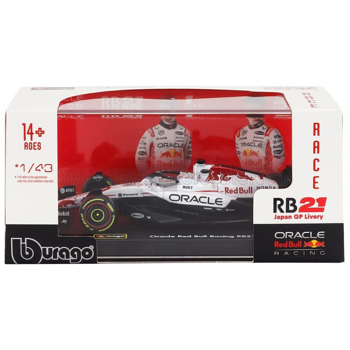 BURAGO RED BULL F1 RB21 TEAM ORACLE RED BULL RACING N 1 WINNER JAPAN GP 2025 MAX VERSTAPPEN - WITH PILOT AND SHOWCASE - WHITE