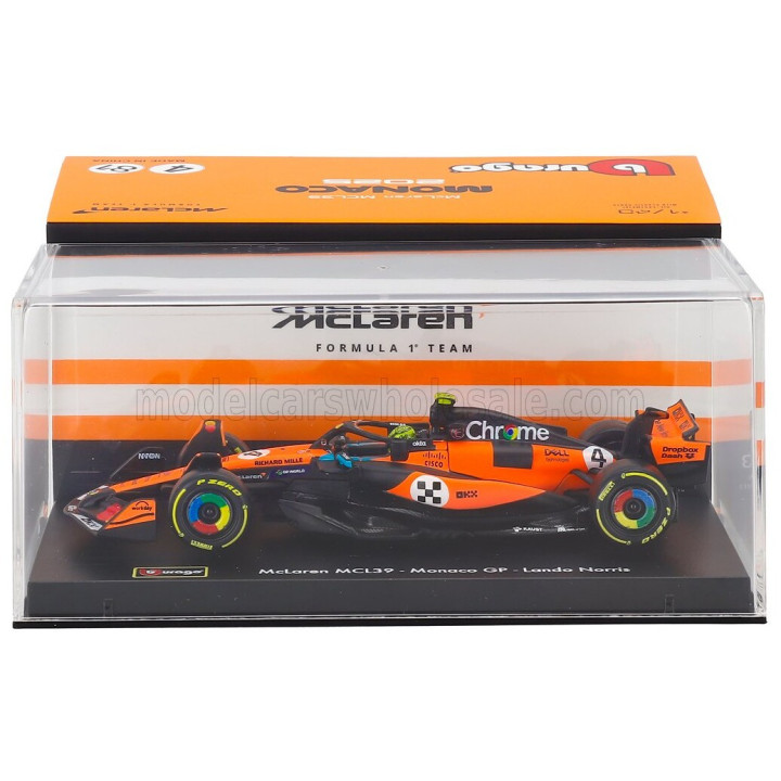 BURAGO McLAREN F1 MCL39 TEAM MCLAREN N 4 WORLD CHAMPION WINNER MONACO GP 2025 LANDO NORRIS - WITH PILOT AND SHOWCASE - ORANGE