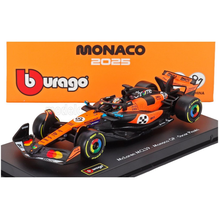 BURAGO McLAREN F1 MCL39 TEAM MCLAREN N 81 3rd MONACO GP 2025 OSCAR PIASTRI - WITH PILOT AND SHOWCASE - ORANGE BLACK 1/43