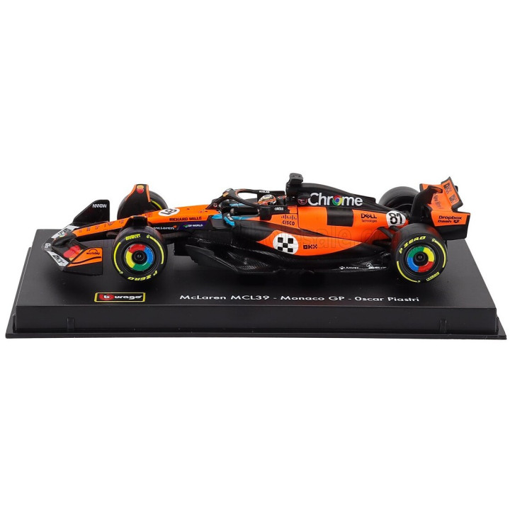 BURAGO McLAREN F1 MCL39 TEAM MCLAREN N 81 3rd MONACO GP 2025 OSCAR PIASTRI - WITH PILOT AND SHOWCASE - ORANGE BLACK 1/43