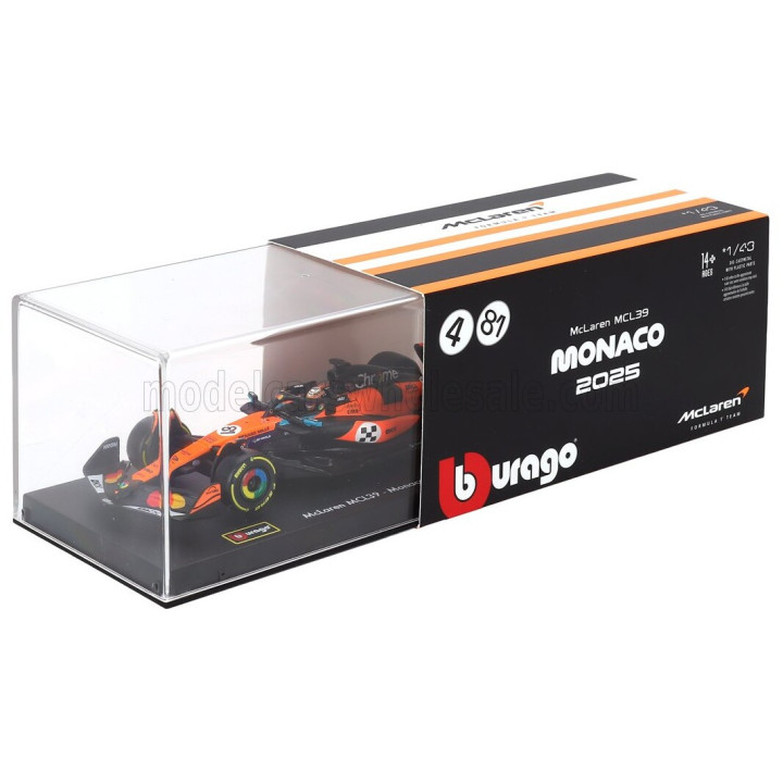 BURAGO McLAREN F1 MCL39 TEAM MCLAREN N 81 3rd MONACO GP 2025 OSCAR PIASTRI - WITH PILOT AND SHOWCASE - ORANGE BLACK 1/43