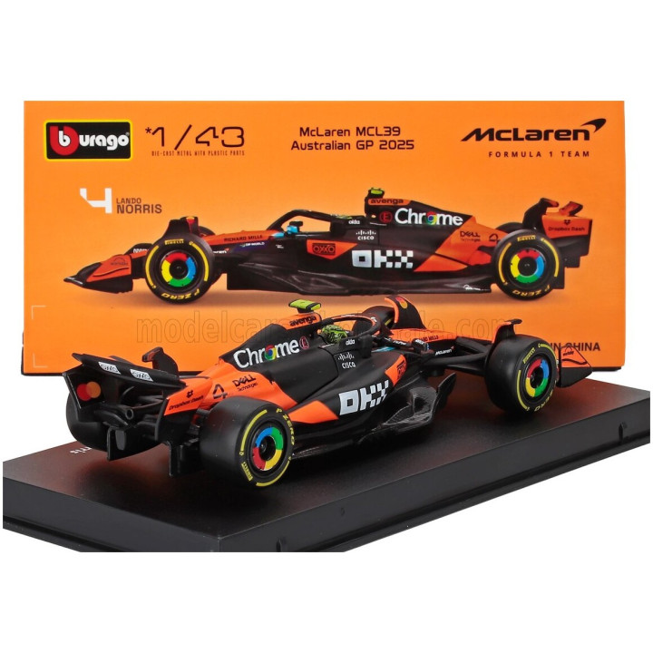 BURAGO McLAREN F1 MCL39 TEAM MCLAREN N 4 WORLD CHAMPION SEASON 2025 LANDO NORRIS - WITH PILOT AND SHOWCASE - ORANGE BLACK 1/43