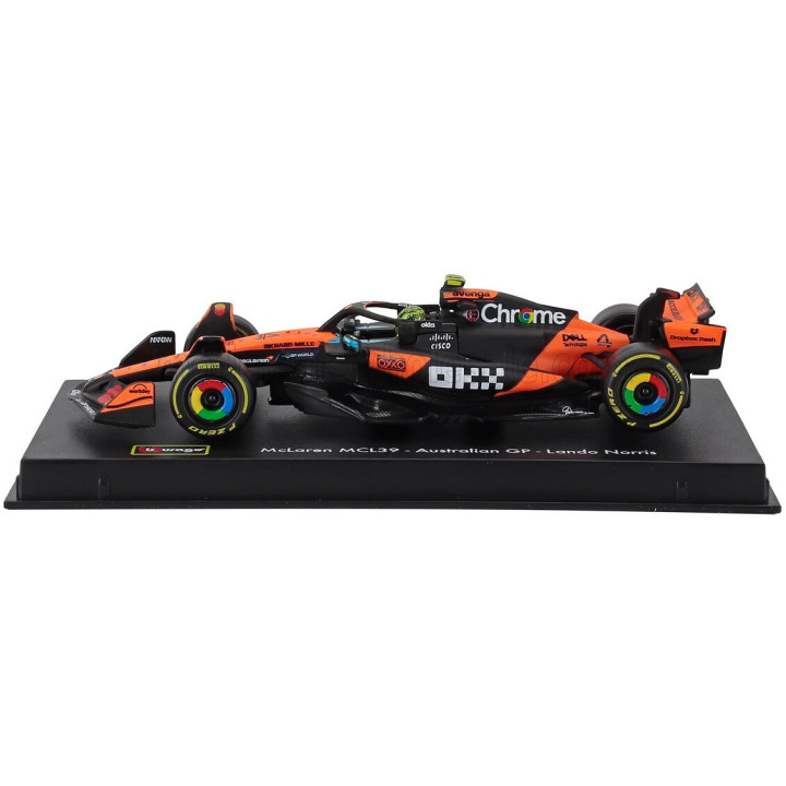 BURAGO McLAREN F1 MCL39 TEAM MCLAREN N 4 WORLD CHAMPION SEASON 2025 LANDO NORRIS - WITH PILOT AND SHOWCASE - ORANGE BLACK 1/43