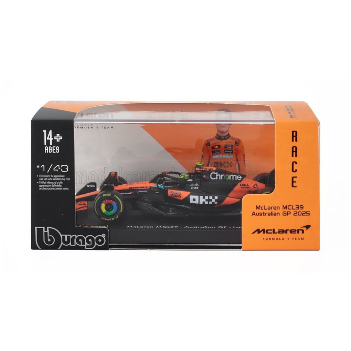 BURAGO McLAREN F1 MCL39 TEAM MCLAREN N 4 WORLD CHAMPION SEASON 2025 LANDO NORRIS - WITH PILOT AND SHOWCASE - ORANGE BLACK 1/43