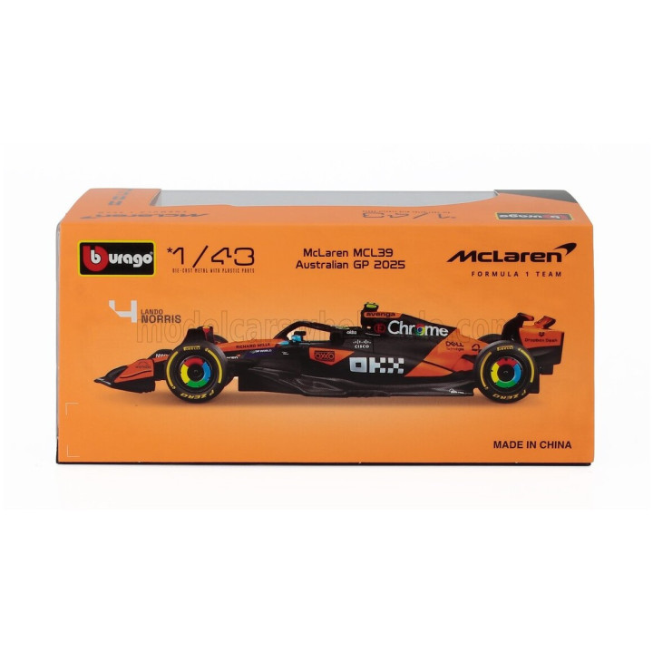 BURAGO McLAREN F1 MCL39 TEAM MCLAREN N 4 WORLD CHAMPION SEASON 2025 LANDO NORRIS - WITH PILOT AND SHOWCASE - ORANGE BLACK 1/43