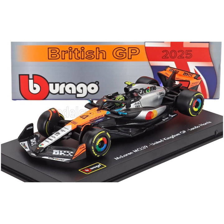 BURAGO McLAREN F1 MCL39 TEAM MCLAREN N 4 WORLD CHAMPION WINNER SILVERSTONE BRITISH GP 2025 LANDO NORRIS - WITH PILOT AND