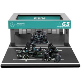 BURAGO MERCEDES GP F1 W14 EQ PERFORMANCE DIORAMA GARAGE PIT-STOP TEAM AMG PETRONAS MOTORSPORT N 63 SEASON 2023 GEORGE RUSSELL
