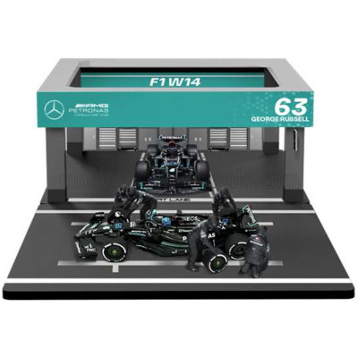 BURAGO MERCEDES GP F1 W14 EQ PERFORMANCE DIORAMA GARAGE PIT-STOP TEAM AMG PETRONAS MOTORSPORT N 63 SEASON 2023 GEORGE RUSSELL