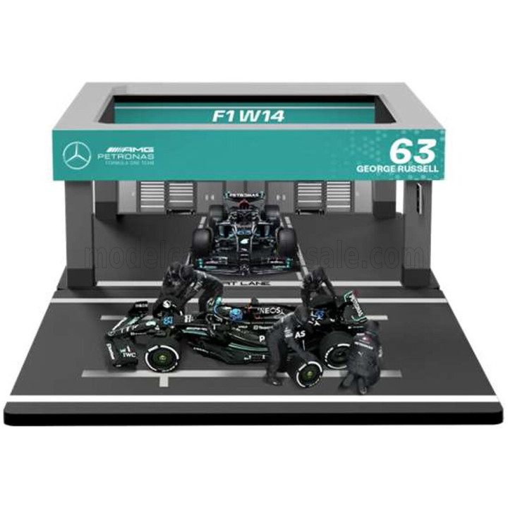 BURAGO MERCEDES GP F1 W14 EQ PERFORMANCE DIORAMA GARAGE PIT-STOP TEAM AMG PETRONAS MOTORSPORT N 63 SEASON 2023 GEORGE RUSSELL