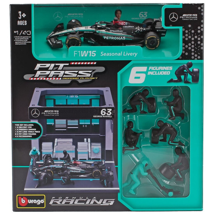 BURAGO MERCEDES GP F1 W14 EQ PERFORMANCE DIORAMA GARAGE PIT-STOP TEAM AMG PETRONAS MOTORSPORT N 63 SEASON 2023 GEORGE RUSSELL