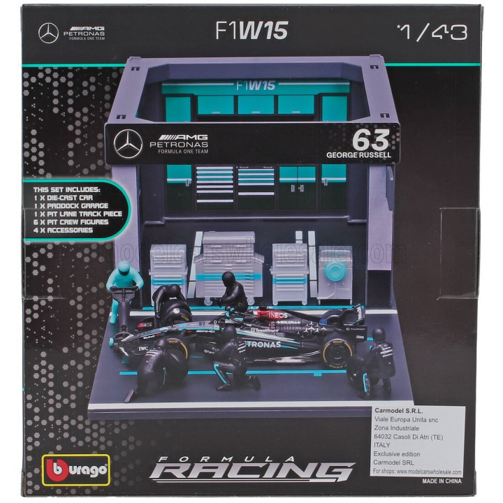 BURAGO MERCEDES GP F1 W14 EQ PERFORMANCE DIORAMA GARAGE PIT-STOP TEAM AMG PETRONAS MOTORSPORT N 63 SEASON 2023 GEORGE RUSSELL