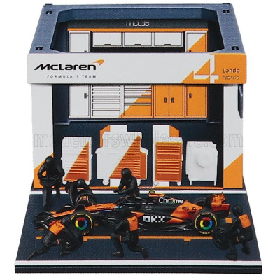 BURAGO McLAREN F1 MCL39 DIORAMA GARAGE PIT-STOP TEAM MCLAREN N 4 WORLD CHAMPION SEASON 2025 LANDO NORRIS WITH CREW FIGURE AND