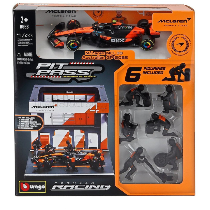BURAGO McLAREN F1 MCL39 DIORAMA GARAGE PIT-STOP TEAM MCLAREN N 4 WORLD CHAMPION SEASON 2025 LANDO NORRIS WITH CREW FIGURE AND