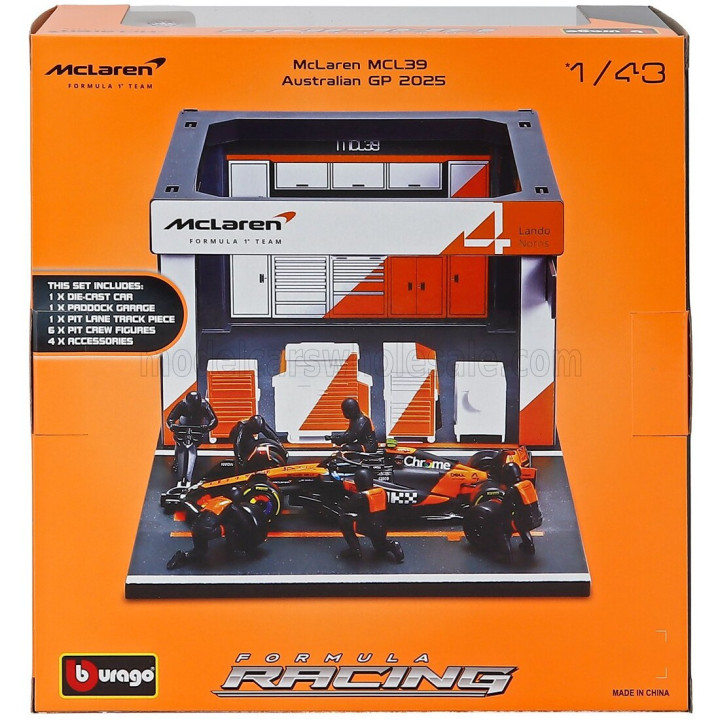 BURAGO McLAREN F1 MCL39 DIORAMA GARAGE PIT-STOP TEAM MCLAREN N 4 WORLD CHAMPION SEASON 2025 LANDO NORRIS WITH CREW FIGURE AND