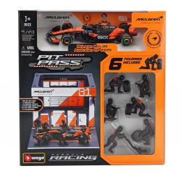 BURAGO McLAREN F1 MCL39 DIORAMA GARAGE PIT-STOP TEAM MCLAREN N 81 SEASON 2025 OSCAR PIASTRI WITH CREW FIGURE AND ACCESSORIES