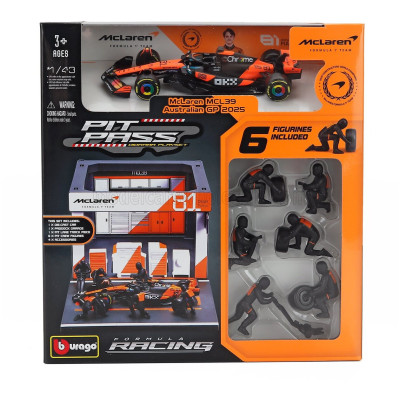 BURAGO McLAREN F1 MCL39 DIORAMA GARAGE PIT-STOP TEAM MCLAREN N 81 SEASON 2025 OSCAR PIASTRI WITH CREW FIGURE AND ACCESSORIES