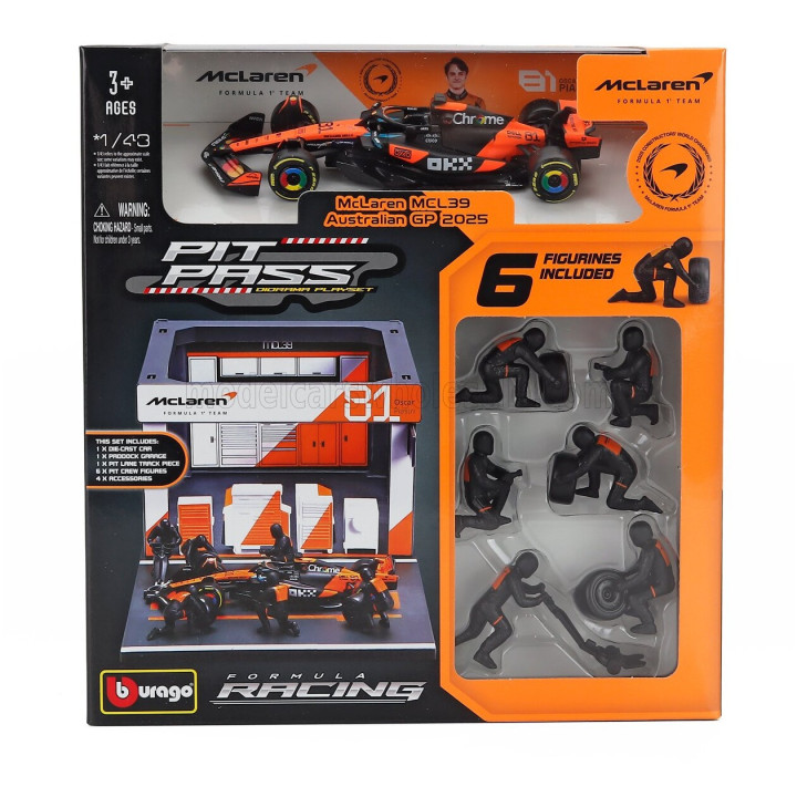 BURAGO McLAREN F1 MCL39 DIORAMA GARAGE PIT-STOP TEAM MCLAREN N 81 SEASON 2025 OSCAR PIASTRI WITH CREW FIGURE AND ACCESSORIES