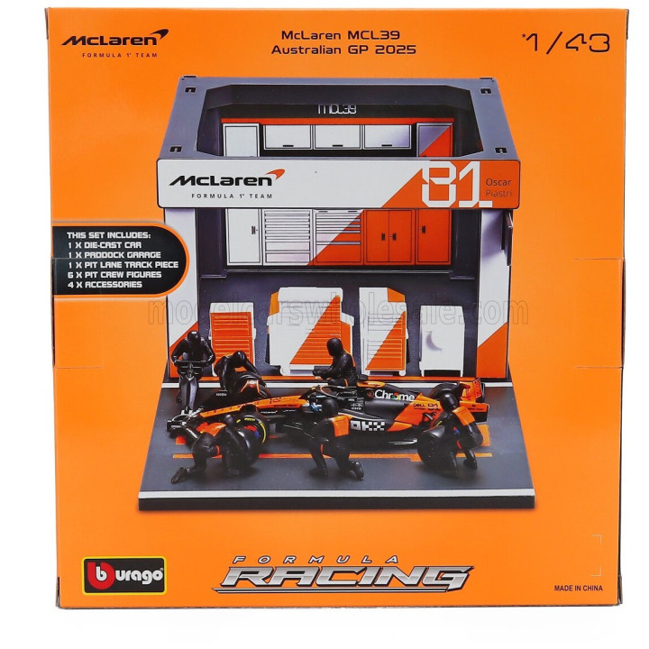 BURAGO McLAREN F1 MCL39 DIORAMA GARAGE PIT-STOP TEAM MCLAREN N 81 SEASON 2025 OSCAR PIASTRI WITH CREW FIGURE AND ACCESSORIES