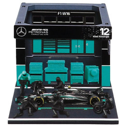 BURAGO MERCEDES GP F1 W16 DIORAMA GARAGE PIT-STOP TEAM AMG PETRONAS MOTORSPORT N 12 SEASON 2025 ANDREA KIMI ANTONELLI WITH CREW