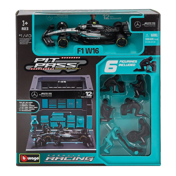 BURAGO MERCEDES GP F1 W16 DIORAMA GARAGE PIT-STOP TEAM AMG PETRONAS MOTORSPORT N 12 SEASON 2025 ANDREA KIMI ANTONELLI WITH CREW