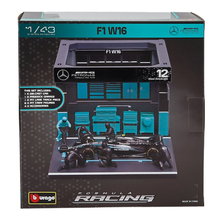 BURAGO MERCEDES GP F1 W16 DIORAMA GARAGE PIT-STOP TEAM AMG PETRONAS MOTORSPORT N 12 SEASON 2025 ANDREA KIMI ANTONELLI WITH CREW