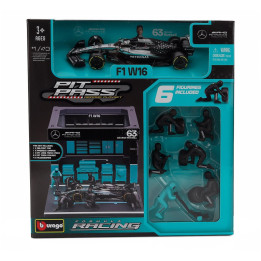 BURAGO MERCEDES GP F1 W16 DIORAMA GARAGE PIT-STOP TEAM AMG PETRONAS MOTORSPORT N 63 SEASON 2025 GEORGE RUSSELL WITH CREW FIGURE