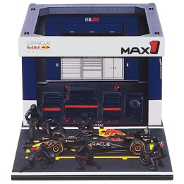 BURAGO RED BULL F1 RB21 DIORAMA GARAGE PIT-STOP TEAM ORACLE RED BULL RACING N 1 SEASON 2025 MAX VERSTAPPEN WITH CREW FIGURE AND