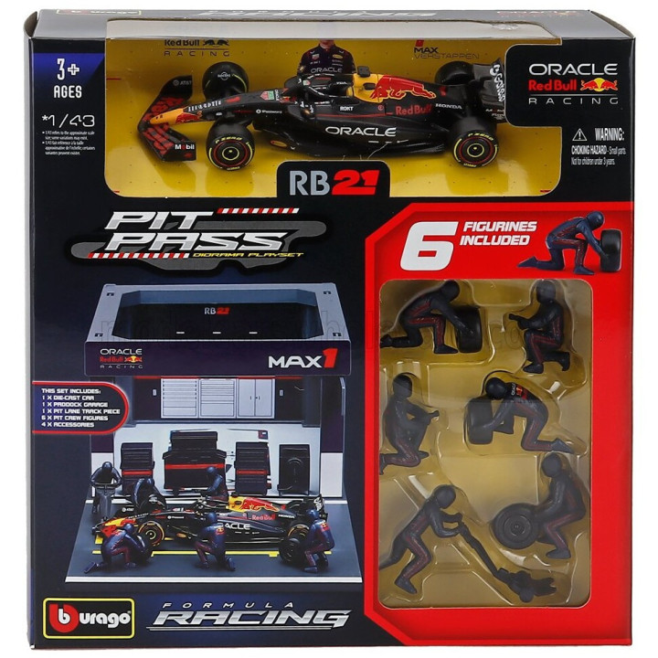 BURAGO RED BULL F1 RB21 DIORAMA GARAGE PIT-STOP TEAM ORACLE RED BULL RACING N 1 SEASON 2025 MAX VERSTAPPEN WITH CREW FIGURE AND