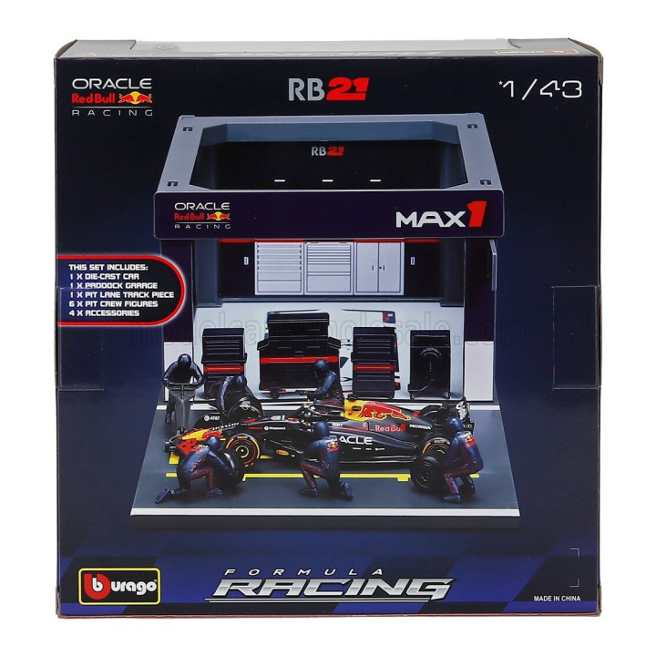 BURAGO RED BULL F1 RB21 DIORAMA GARAGE PIT-STOP TEAM ORACLE RED BULL RACING N 1 SEASON 2025 MAX VERSTAPPEN WITH CREW FIGURE AND