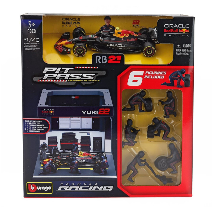 BURAGO RED BULL F1 RB21 DIORAMA GARAGE PIT-STOP TEAM ORACLE RED BULL RACING N 22 SEASON 2025 YUKI TSUNODA WITH CREW FIGURE AND