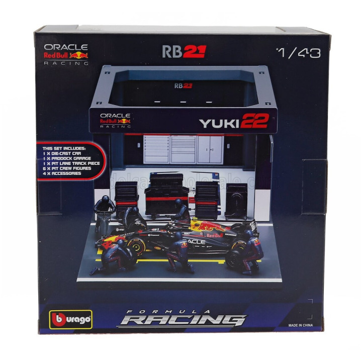 BURAGO RED BULL F1 RB21 DIORAMA GARAGE PIT-STOP TEAM ORACLE RED BULL RACING N 22 SEASON 2025 YUKI TSUNODA WITH CREW FIGURE AND