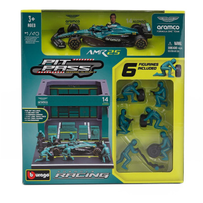BURAGO ASTON MARTIN F1 AMR25 DIORAMA GARAGE PIT-STOP TEAM ARAMCO COGNIZANT N 14 SEASON 2025 FERNANDO ALONSO WITH CREW FIGURE