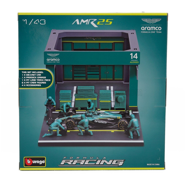 BURAGO ASTON MARTIN F1 AMR25 DIORAMA GARAGE PIT-STOP TEAM ARAMCO COGNIZANT N 14 SEASON 2025 FERNANDO ALONSO WITH CREW FIGURE