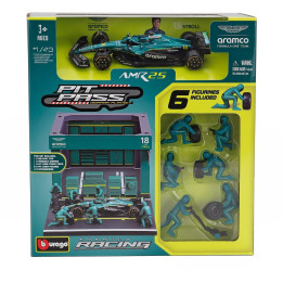BURAGO ASTON MARTIN F1 AMR25 DIORAMA GARAGE PIT-STOP TEAM ARAMCO COGNIZANT N 18 SEASON 2025 LANCE STROLL WITH CREW FIGURE AND