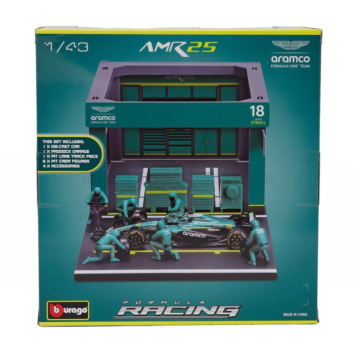 BURAGO ASTON MARTIN F1 AMR25 DIORAMA GARAGE PIT-STOP TEAM ARAMCO COGNIZANT N 18 SEASON 2025 LANCE STROLL WITH CREW FIGURE AND
