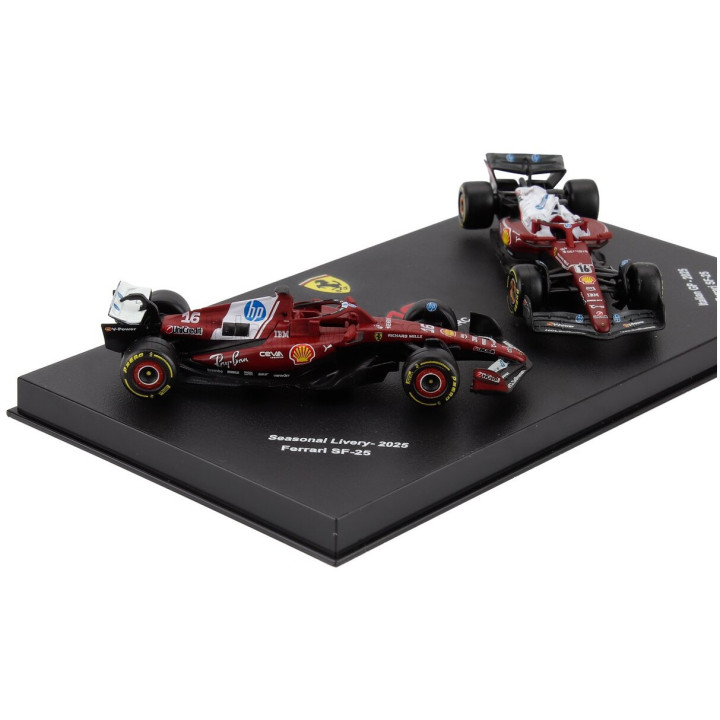 BURAGO FERRARI SET F1 2X SF-25 TEAM SCUDERIA FERRARI HP N 16 SEASON 2025 CHARLES LECLERC + 4th MONZA ITALY GP 2025 - CON